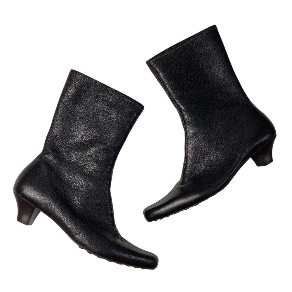Brown Leather Boots Booties Mid Calf Kitten Heel